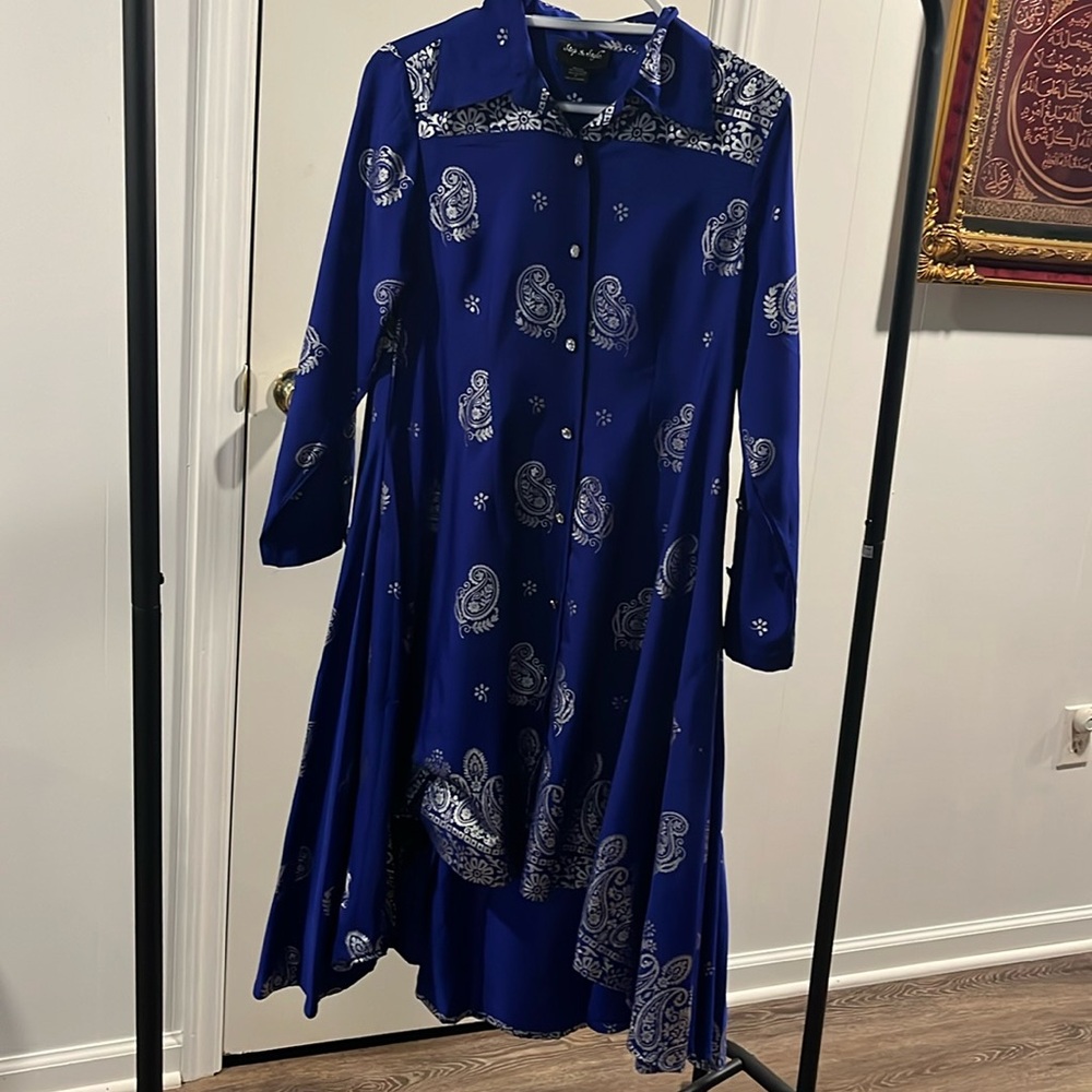 Blue and white paisley print dress. step in style. Extremely stylish dress